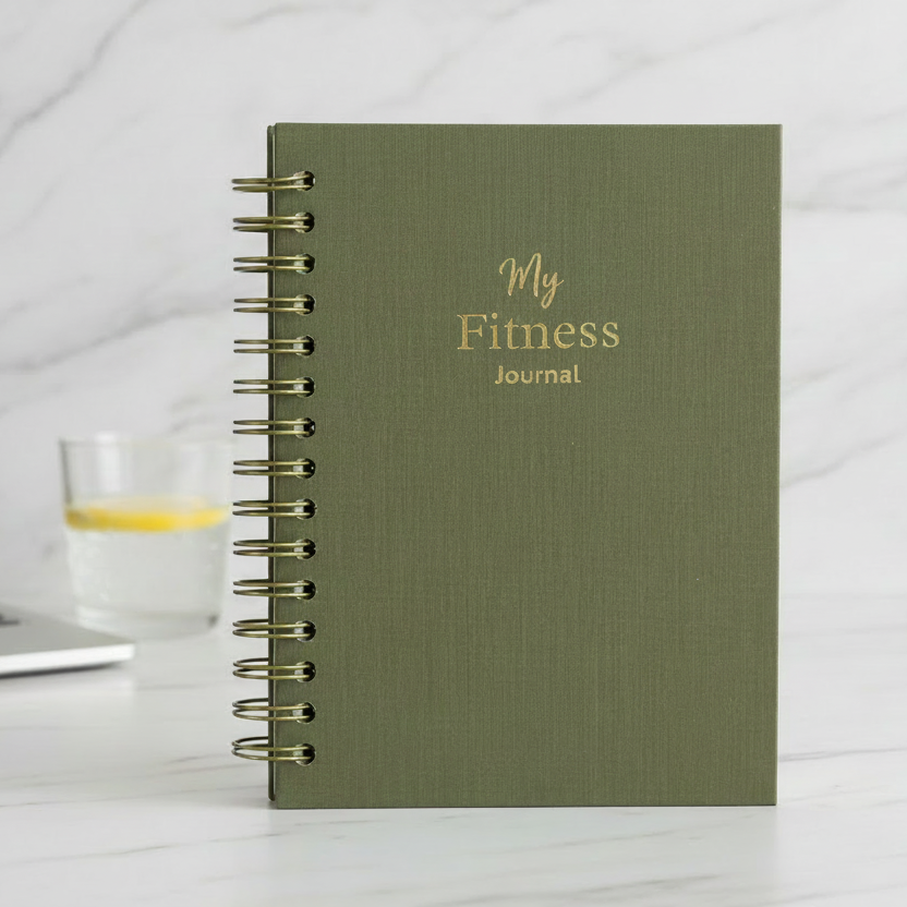 Green fitness journal with 'My Fitness Journal' text on a white surface with a laptop and glass in the background.
