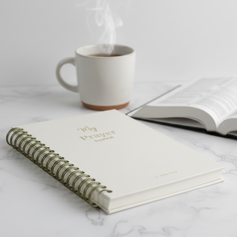 Open notebook with 'My Prayer Journal' on a marble surface next to a steaming mug.