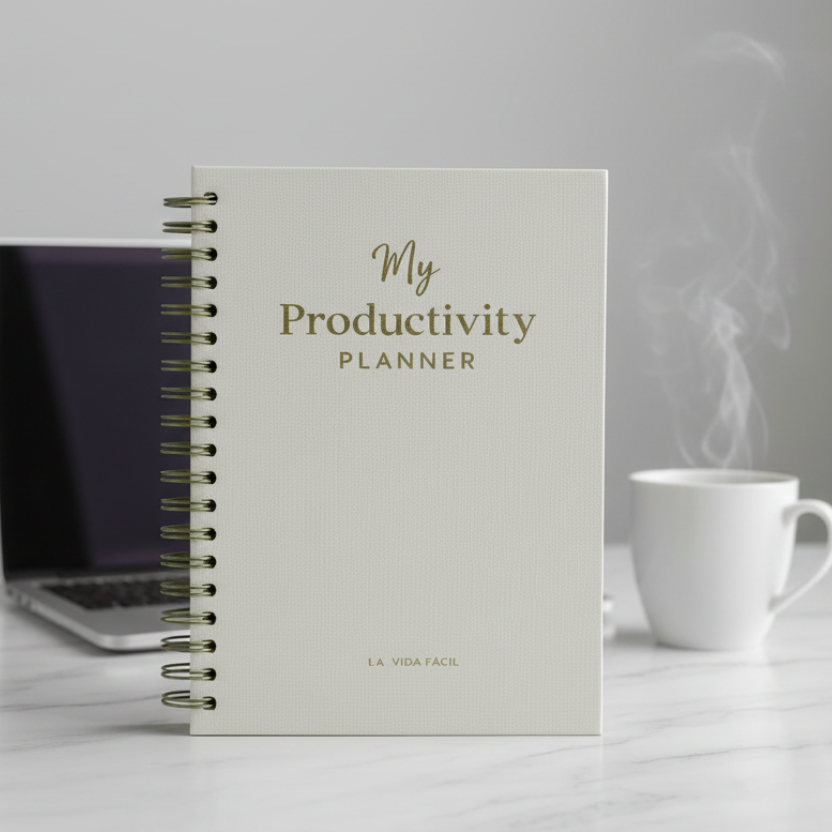 Productivity planner with a laptop and steaming cup on a light surface